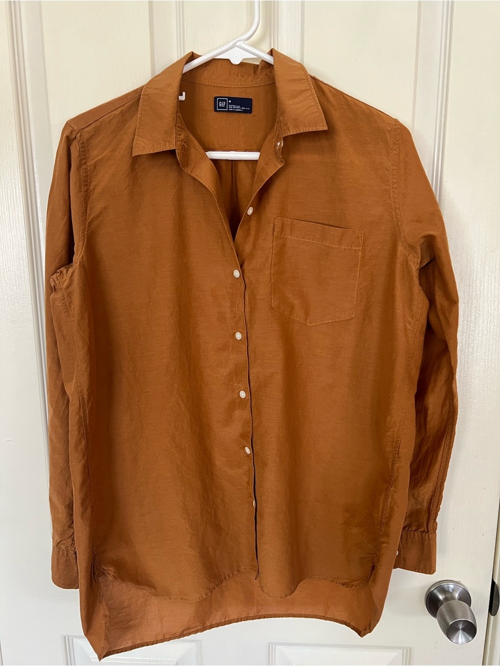 Gap Cotton Silk Button Down Shirt Rust Brown High Low Hem M